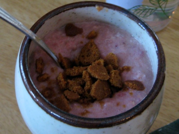 Obligatory zoom on the oats, made with fresh cranberries, 1/2 banana, more vanilla yogurt, a crumbled gingersnap thin, and a hidden spoonful of pb!