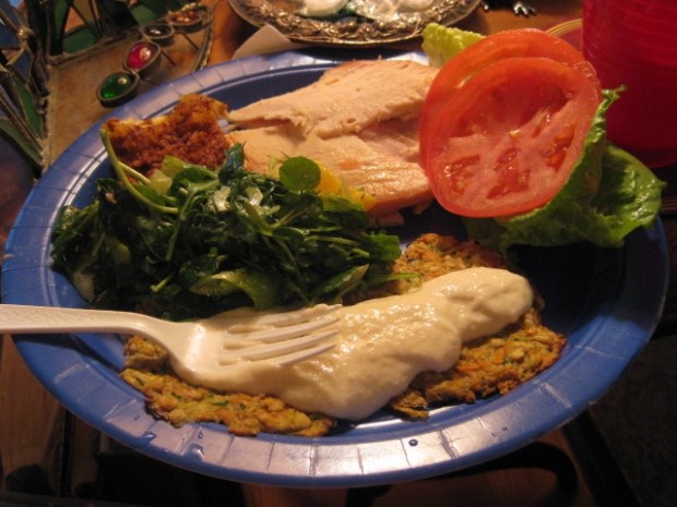 plate turkey, tomato, lettuce, latkes, salad, and my aunt's famous noodle kugel!