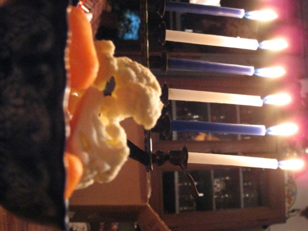 fresh veggies with Hannukah well underway in the background