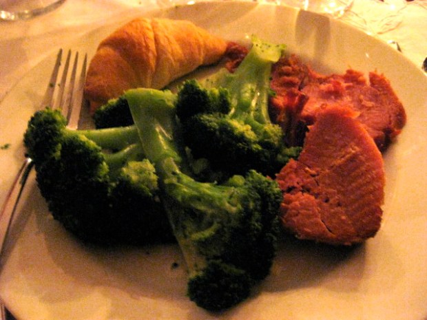 Maple-citrus glazed ham, steamed broccoli (x3), and a crescent roll (I had half).
