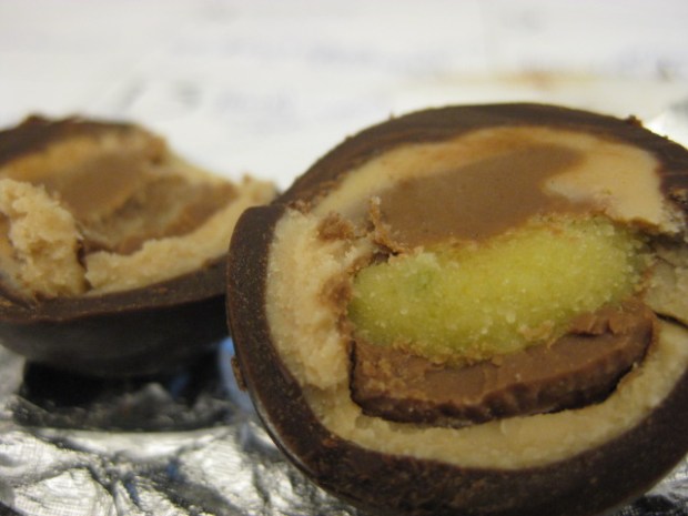 dark chocolate, praline paste (!!!), more chocolate, and marzipan with pistachios (!!!)