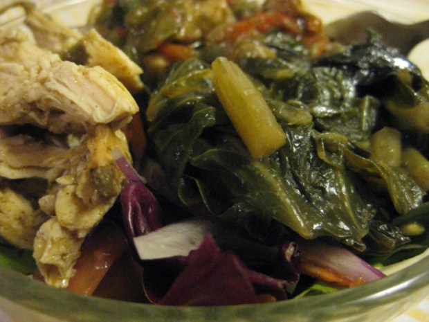 salad topped with chicken, okra gumbo with shrimp, and collard greens