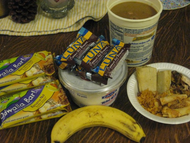 7 banana nut odwalla bars, 17.6 oz Fage 0%, 6 caramel nut brownie mini-luna bars, 32 oz. homemade Dominican beans (habichuelas?), leftovers from lunch (rice, tamale de pollo, chicken, baked ziti)