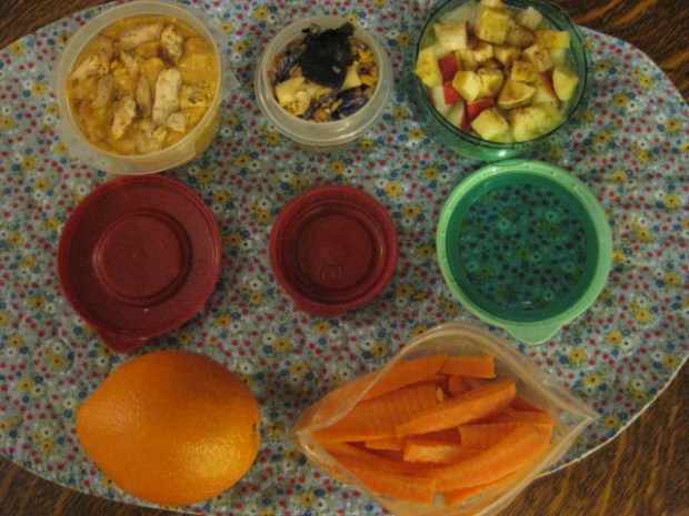 red lentil peanut soup topped w/yesterday's chicken, sofrito rice/barley enhanced with yesterday's Dominican rice and baked ziti, yogurt with apples/banana/spices, orange, and carrot sticks