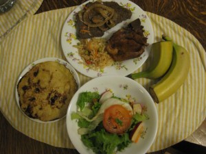 corn tortilla, steak, little rice, pork, salad, and two banana pieces (leftover from the group)