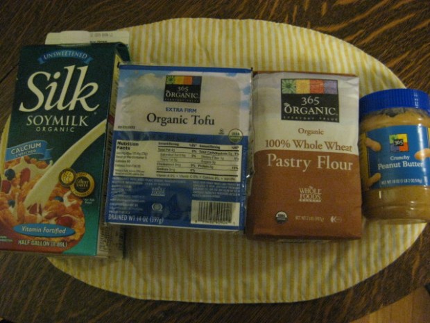 unsweetened Silk, 2 packs extra firm tofu, whole wheat pastry flour, crunchy natural pb