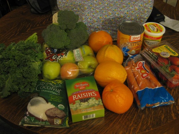 kale, broccoli, apples, unsweetened coconut, raisins, oranges, pumpkin, carrots, part-skim ricotta, strawberries