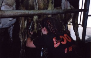 bonding with new friends via milking apparatus, circa 2004