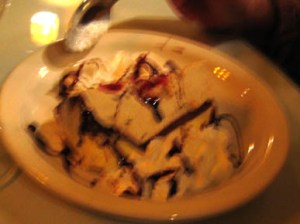 my grandmom's spumoni (ice cream with raspberry and chocolate sauce)-