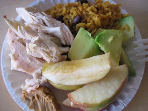 roasted chicken, rice + beans, avocado, apple slices, pb (x2 plates! (but they're mini-plates))
